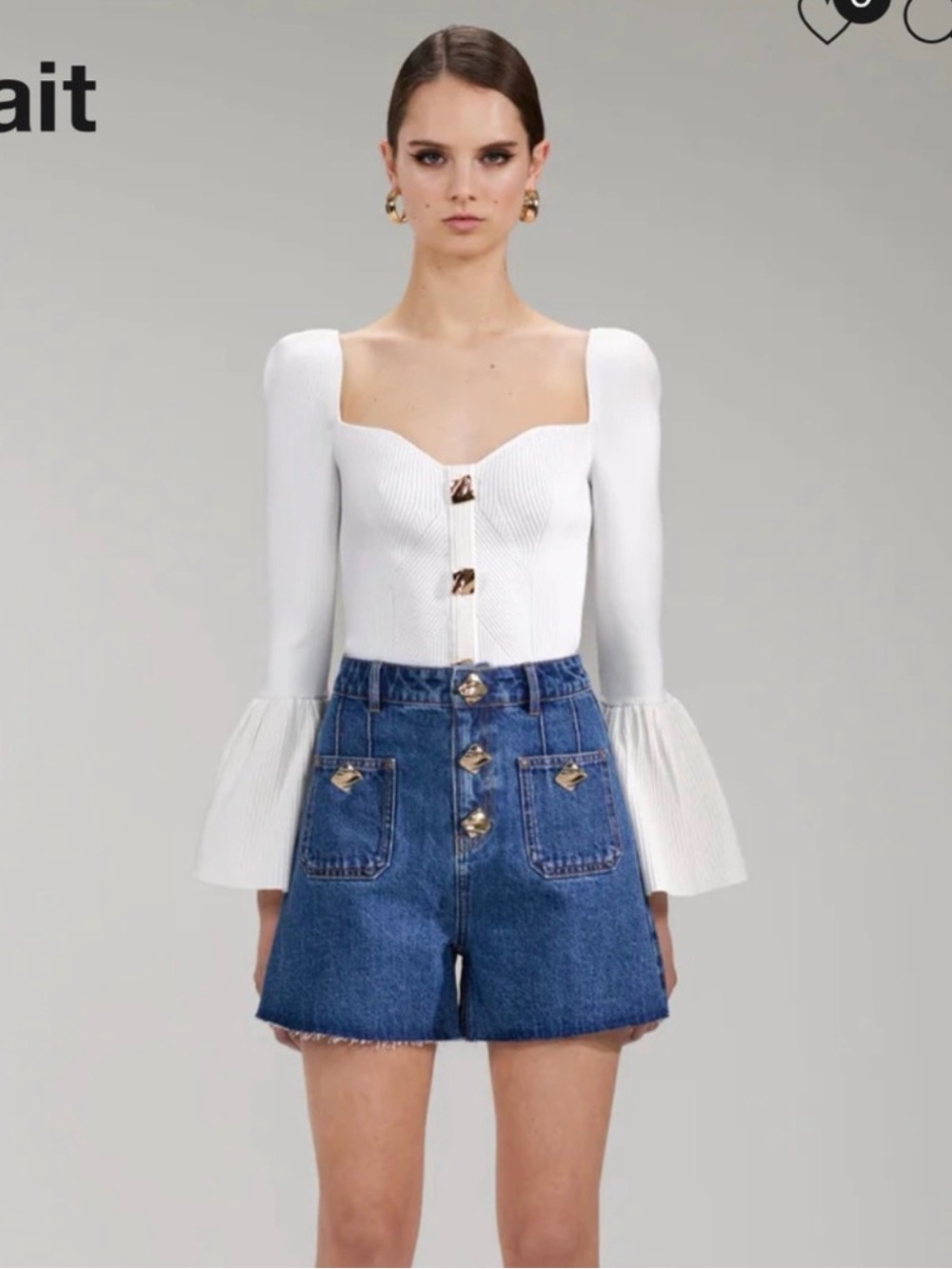 Self-Portrait Cream Ribbed Button-Front Knit Top - Picture 2 of 11